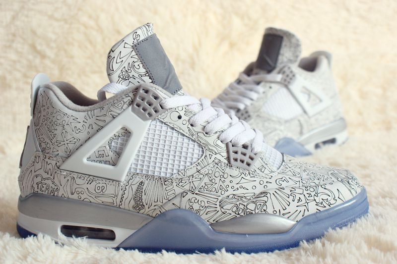 New Air Jordan 4 Laser Anniversary Silver Blue Shoes - Click Image to Close